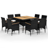 9 Piece Garden Dining Set Poly Rattan and Acacia Wood Black - Front View