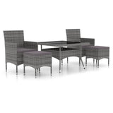 5 Piece Garden Dining Set Poly Rattan and Tempered Glass Grey - Front View