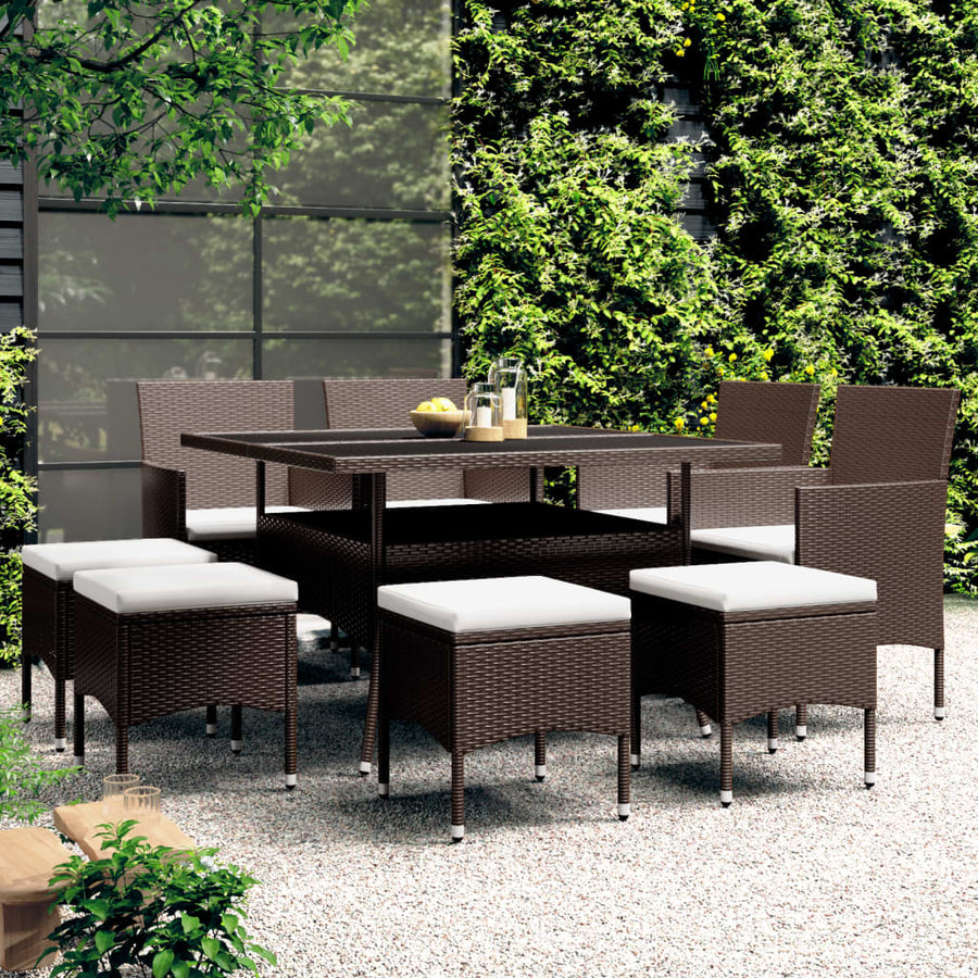 9 Piece Garden Dining Set Poly Rattan Brown