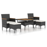 5 Piece Garden Dining Set Poly Rattan & Solid Acacia Wood Black - Front View