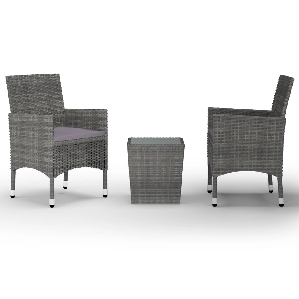 3 Piece Bistro Set Poly Rattan and Tempered Glass Grey