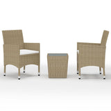 3 Piece Bistro Set Poly Rattan and Tempered Glass Beige - Front View