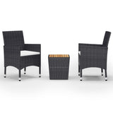 3 Piece Bistro Set Poly Rattan and Acacia Wood Black - Front View