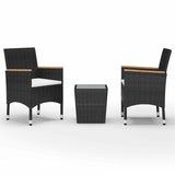 3 Piece Bistro Set Poly Rattan and Tempered Glass Black - Front View