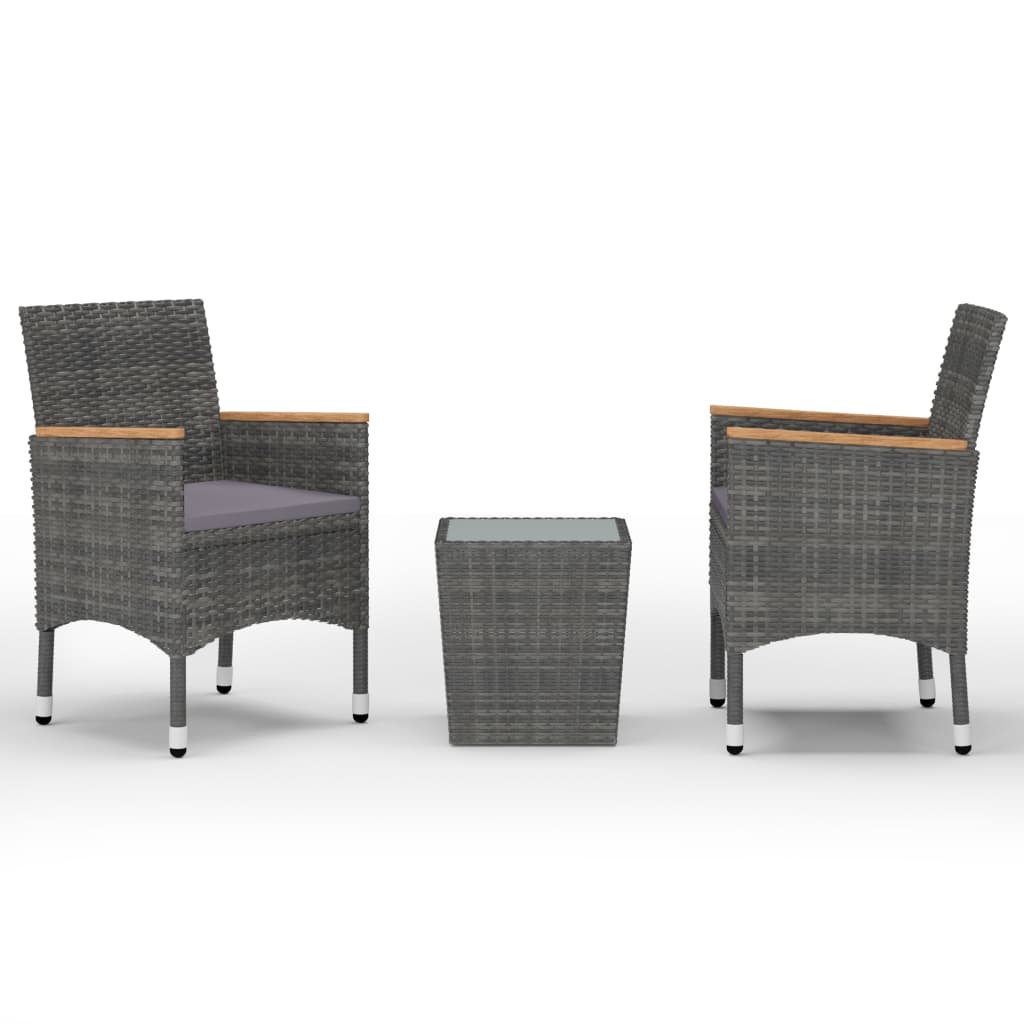 3 Piece Bistro Set Poly Rattan and Tempered Glass Grey