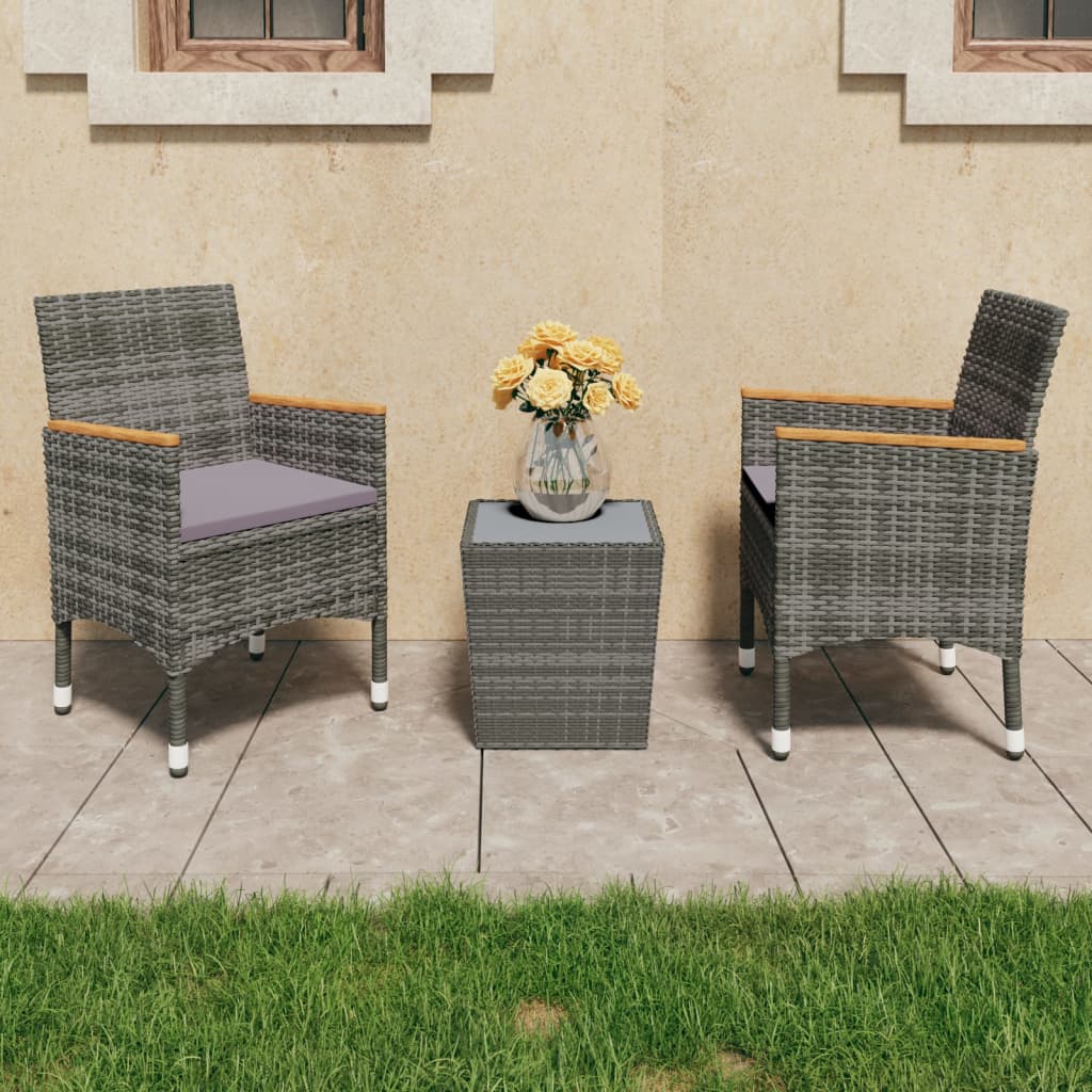 3 Piece Bistro Set Poly Rattan and Tempered Glass Grey
