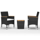 3 Piece Bistro Set Poly Rattan and Acacia Wood Black - Front View