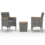 3 Piece Bistro Set Poly Rattan and Acacia Wood Grey - Front View