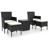 5 Piece Garden Bistro Set Poly Rattan and Tempered Glass Black - Front View