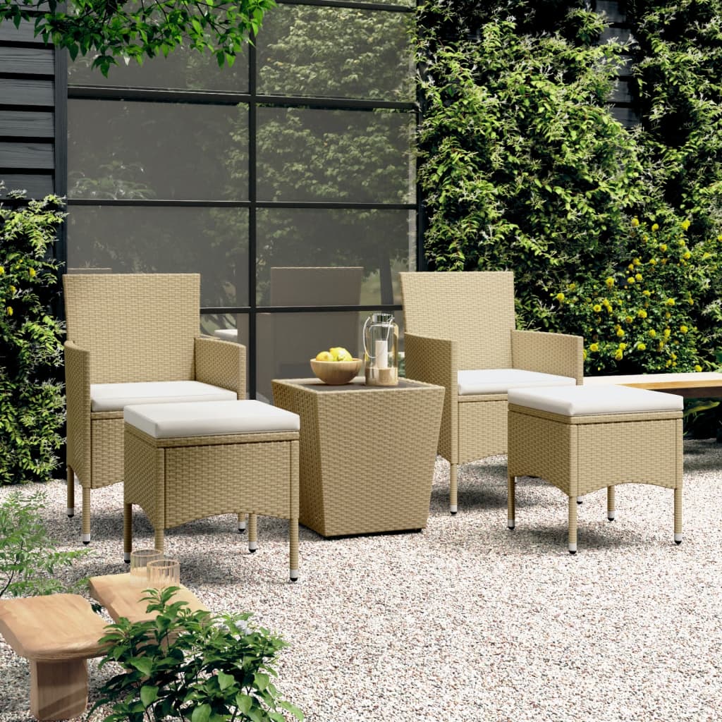 5 Piece Garden Bistro Set Poly Rattan and Tempered Glass Beige