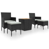5 Piece Garden Bistro Set Poly Rattan & Solid Acacia Wood Black - Front View