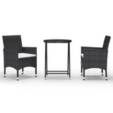 3 Piece Garden Bistro Set Poly Rattan and Tempered Glass Black - Front View