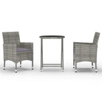 3 Piece Garden Bistro Set Poly Rattan and Tempered Glass Grey