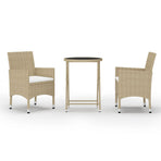 3 Piece Garden Bistro Set Poly Rattan and Tempered Glass Beige
