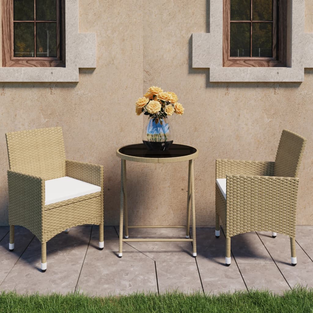 3 Piece Garden Bistro Set Poly Rattan and Tempered Glass Beige