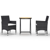 3 Piece Garden Bistro Set Poly Rattan and Acacia Wood Black - Front View