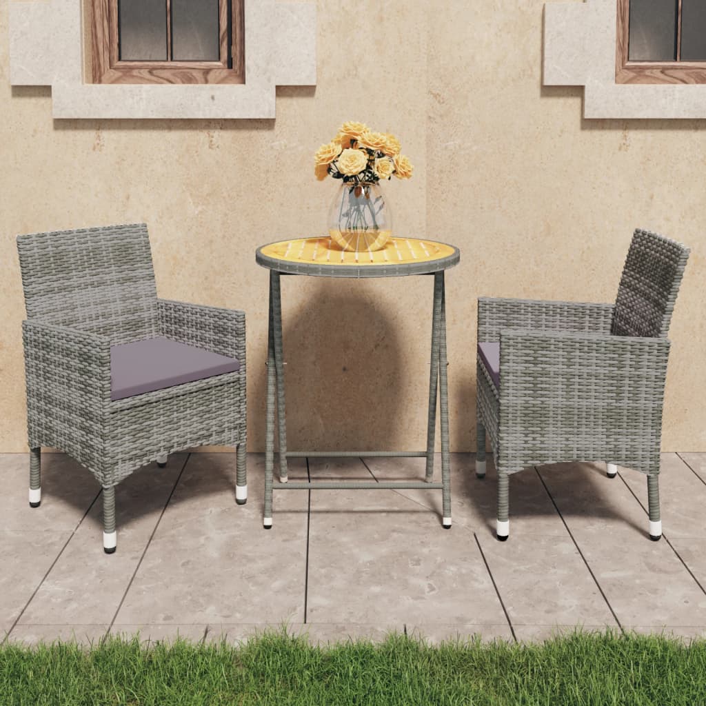 3 Piece Garden Bistro Set Poly Rattan and Acacia Wood Grey