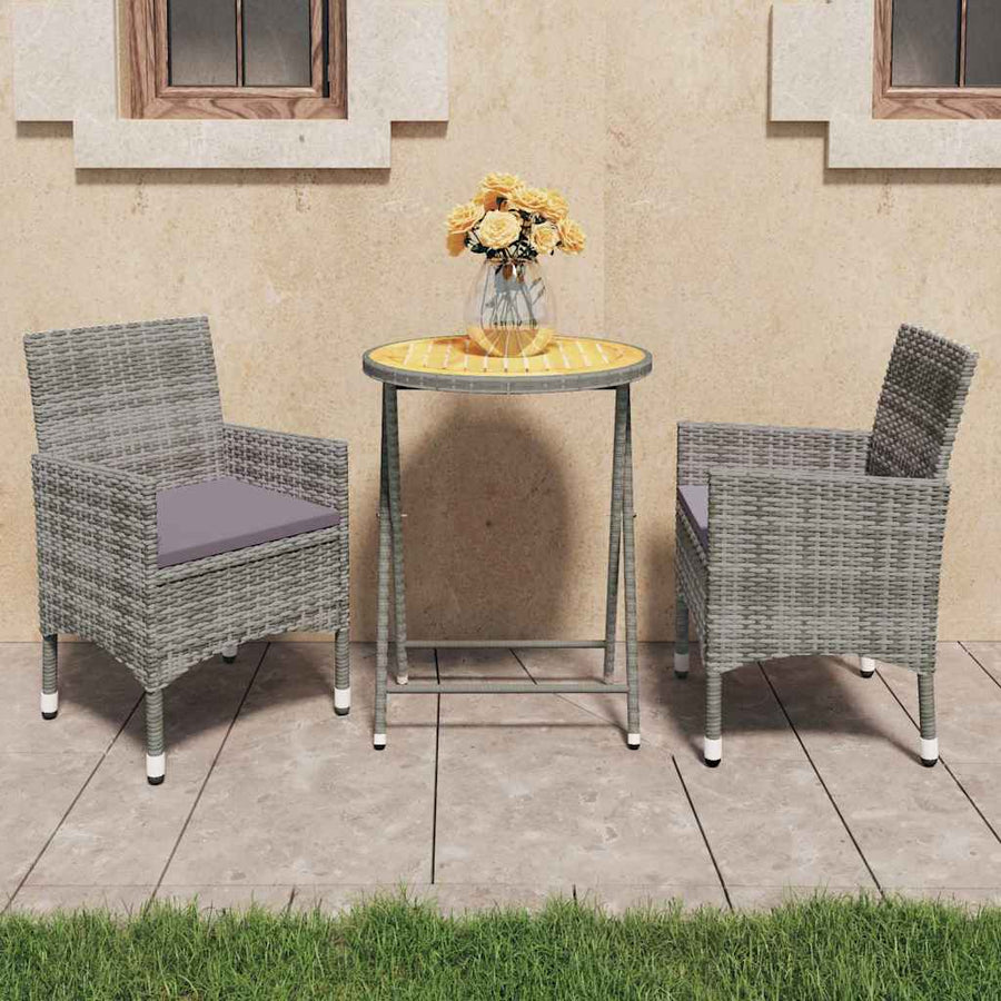 3 Piece Garden Bistro Set Poly Rattan and Acacia Wood Grey