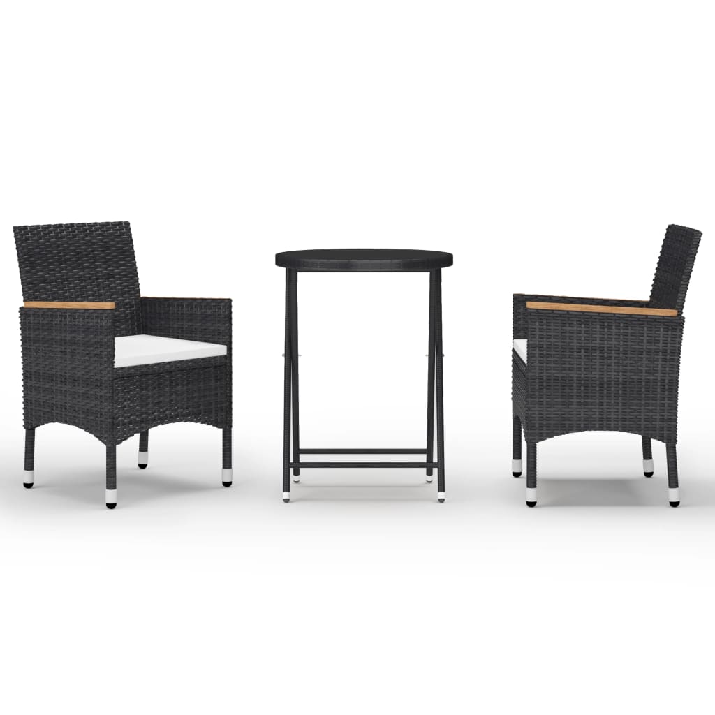 3 Piece Garden Bistro Set Poly Rattan and Tempered Glass Black