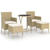 5 Piece Garden Bistro Set Poly Rattan and Tempered Glass Beige - Front View