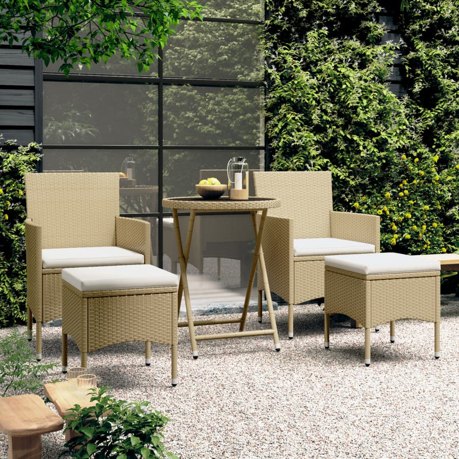 5 Piece Garden Bistro Set Poly Rattan and Tempered Glass Beige