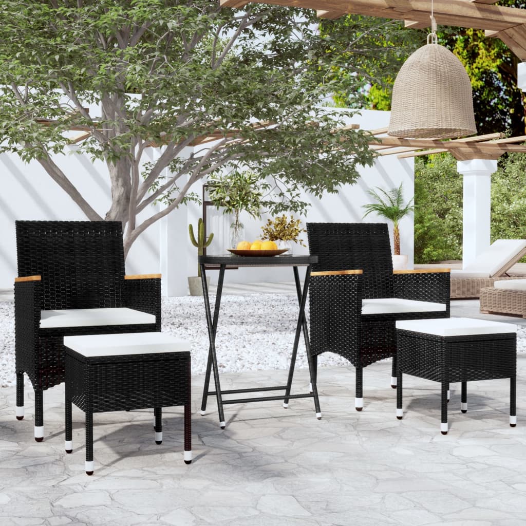 5 Piece Garden Bistro Set Poly Rattan and Tempered Glass Black