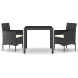 3 Piece Garden Dining Set Poly Rattan and Tempered Glass Black