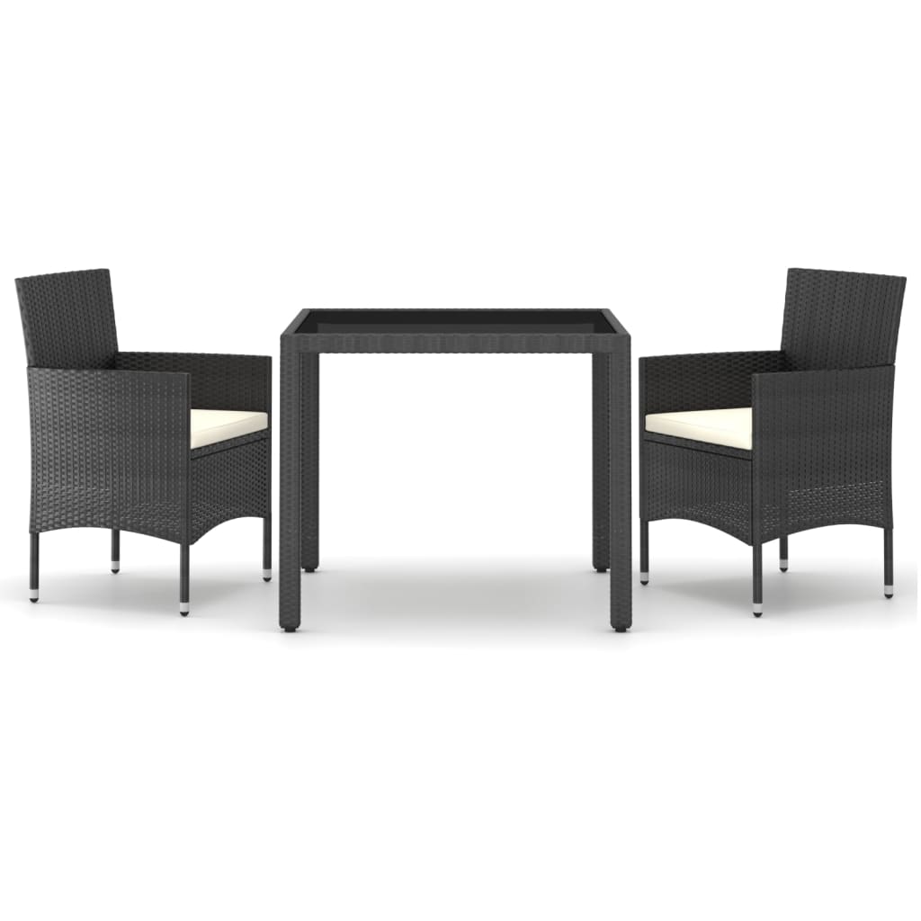 3 Piece Garden Dining Set Poly Rattan and Tempered Glass Black