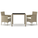 3 Piece Garden Dining Set Poly Rattan and Tempered Glass Beige - Front View