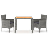 3 Piece Garden Dining Set Poly Rattan & Solid Acacia Wood Grey - Front View