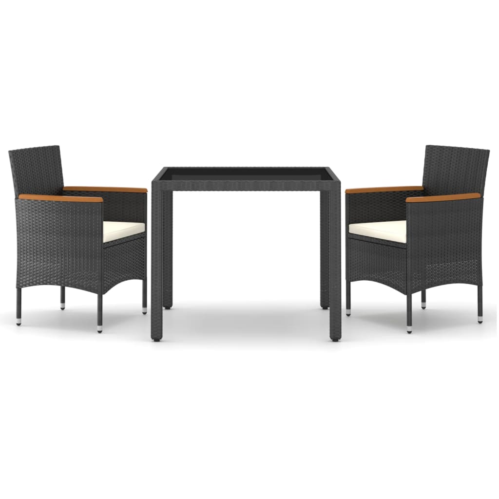 3 Piece Garden Dining Set Poly Rattan and Tempered Glass Black