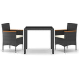 3 Piece Garden Dining Set Poly Rattan and Tempered Glass Black