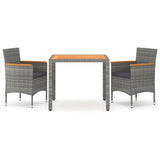 3 Piece Garden Dining Set Poly Rattan & Solid Acacia Wood Grey - Front View