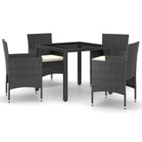 5 Piece Garden Dining Set Poly Rattan and Tempered Glass Black - Front View