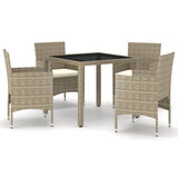 5 Piece Garden Dining Set Poly Rattan and Tempered Glass Beige - Front View