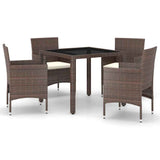 5 Piece Garden Dining Set Poly Rattan and Tempered Glass Brown - Front View