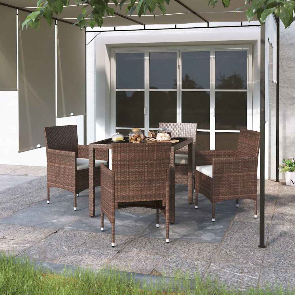 5 Piece Garden Dining Set Poly Rattan and Tempered Glass Brown