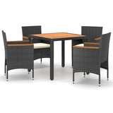 5 Piece Garden Dining Set Poly Rattan & Solid Acacia Wood Black - Front View