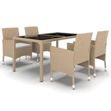 5 Piece Garden Dining Set Poly Rattan and Tempered Glass Beige - Front View