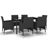 7 Piece Garden Dining Set Poly Rattan and Tempered Glass Black - Front View