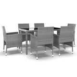 7 Piece Garden Dining Set Poly Rattan and Tempered Glass Grey - Front View