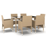 7 Piece Garden Dining Set Poly Rattan and Tempered Glass Beige - Front View