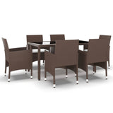 7 Piece Garden Dining Set Poly Rattan and Tempered Glass Brown - Front View