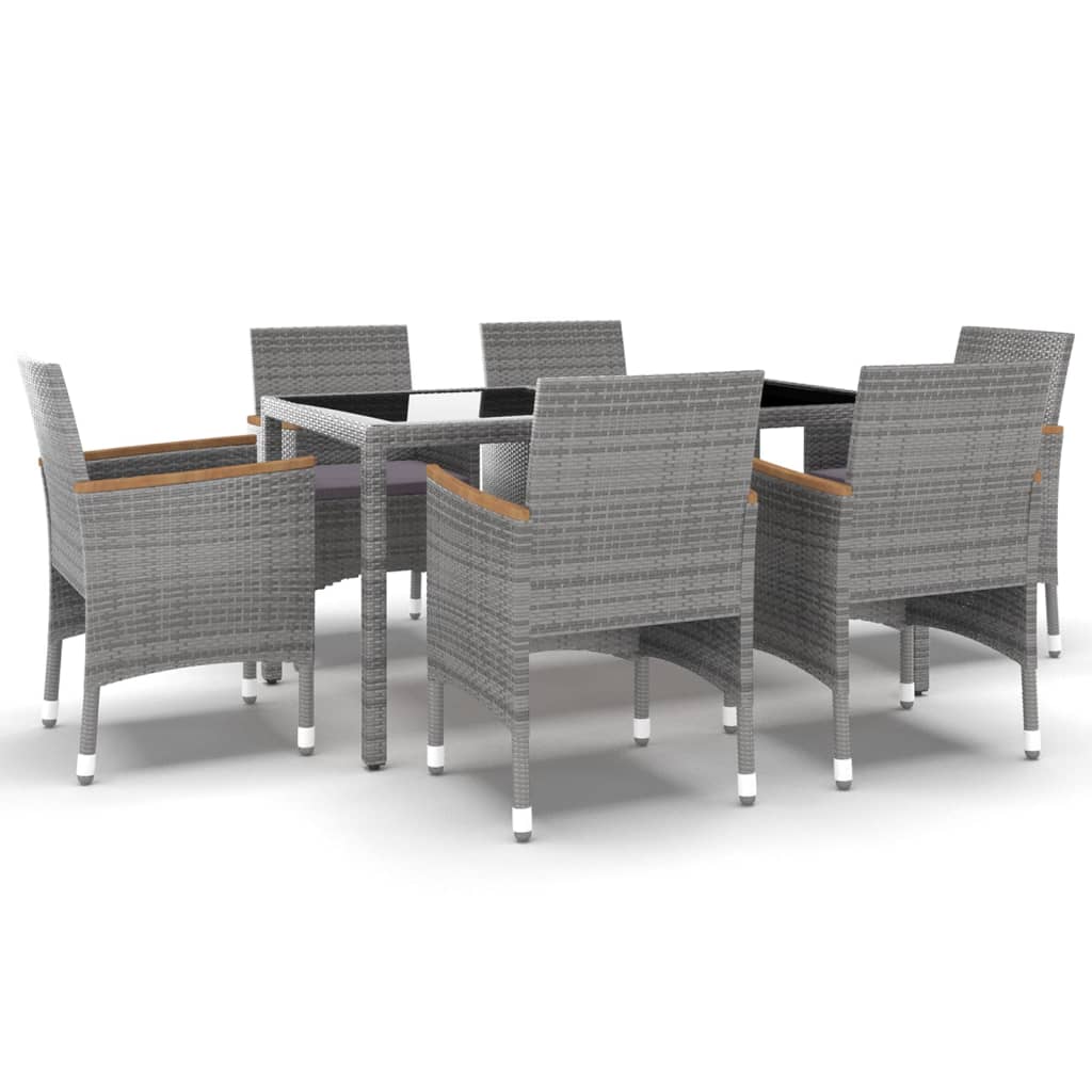 7 Piece Garden Dining Set Poly Rattan and Tempered Glass Grey