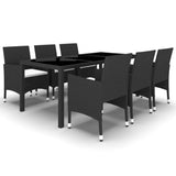 7 Piece Garden Dining Set Poly Rattan and Tempered Glass Black - Front View