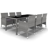 7 Piece Garden Dining Set Poly Rattan and Tempered Glass Grey - Front View