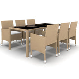 7 Piece Garden Dining Set Poly Rattan and Tempered Glass Beige - Front View