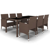 7 Piece Garden Dining Set Poly Rattan and Tempered Glass Brown - Front View