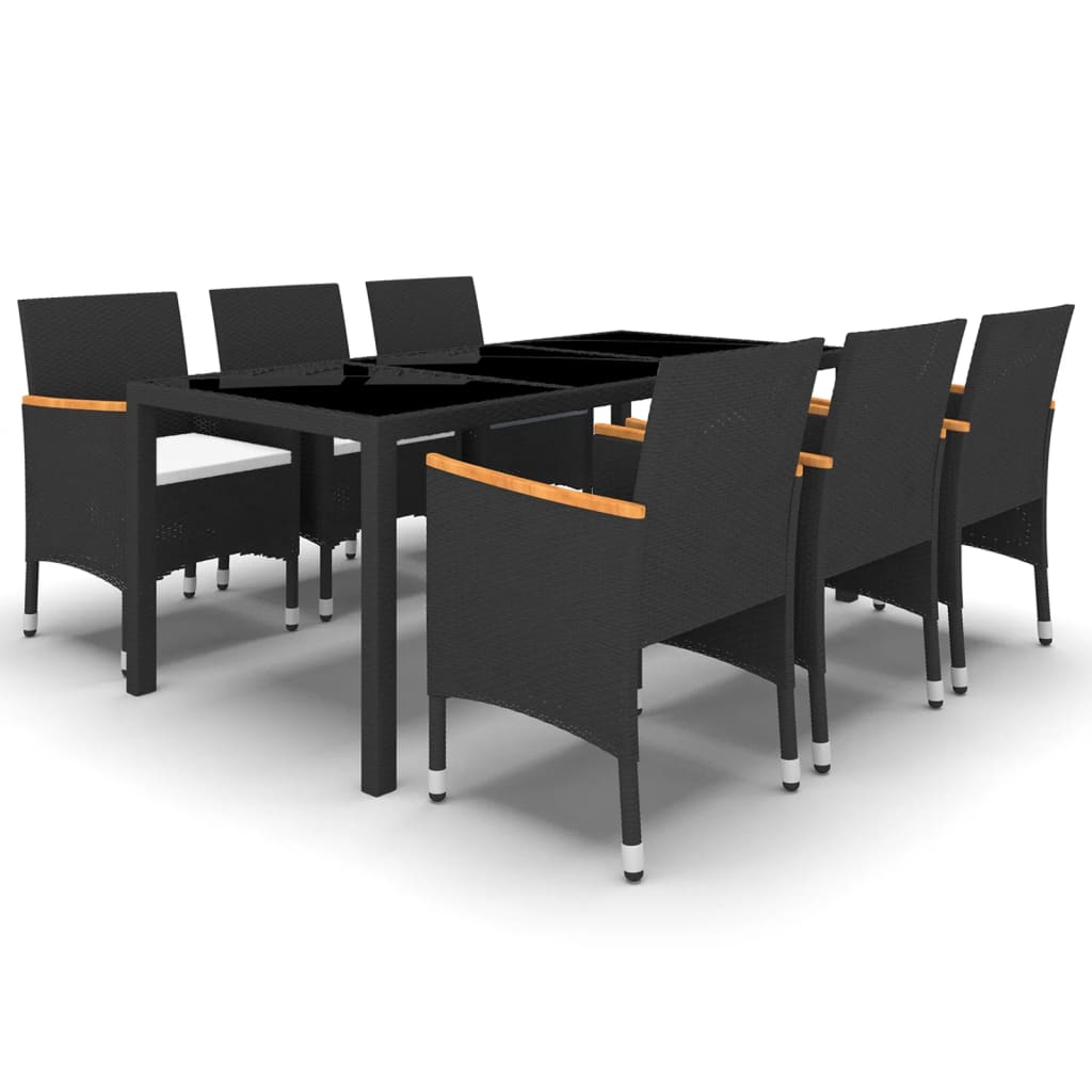 7 Piece Garden Dining Set Poly Rattan and Tempered Glass Black