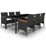 7 Piece Garden Dining Set Poly Rattan and Tempered Glass Black - Front View
